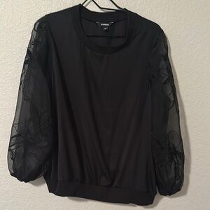 Express Black Blouse with Sheer Floral Sleeves
